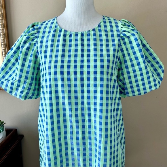 Gorman Stay in Check Mini Dress Puff Sleeve Green Blue Gingham Size 6 NWT - Picture 10 of 13